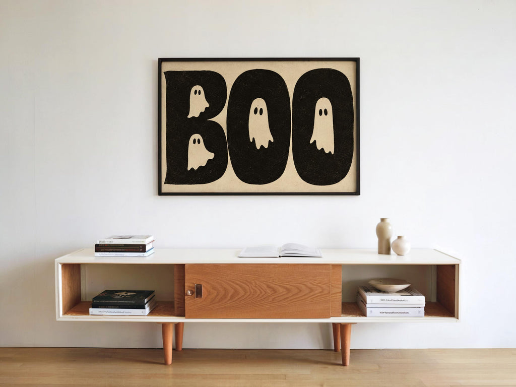 BOO Ghost Typography Print, Retro Halloween Wall Art, Vintage Creepy Cute Poster, Spooky Typography Decor, Witchy Occult Gift