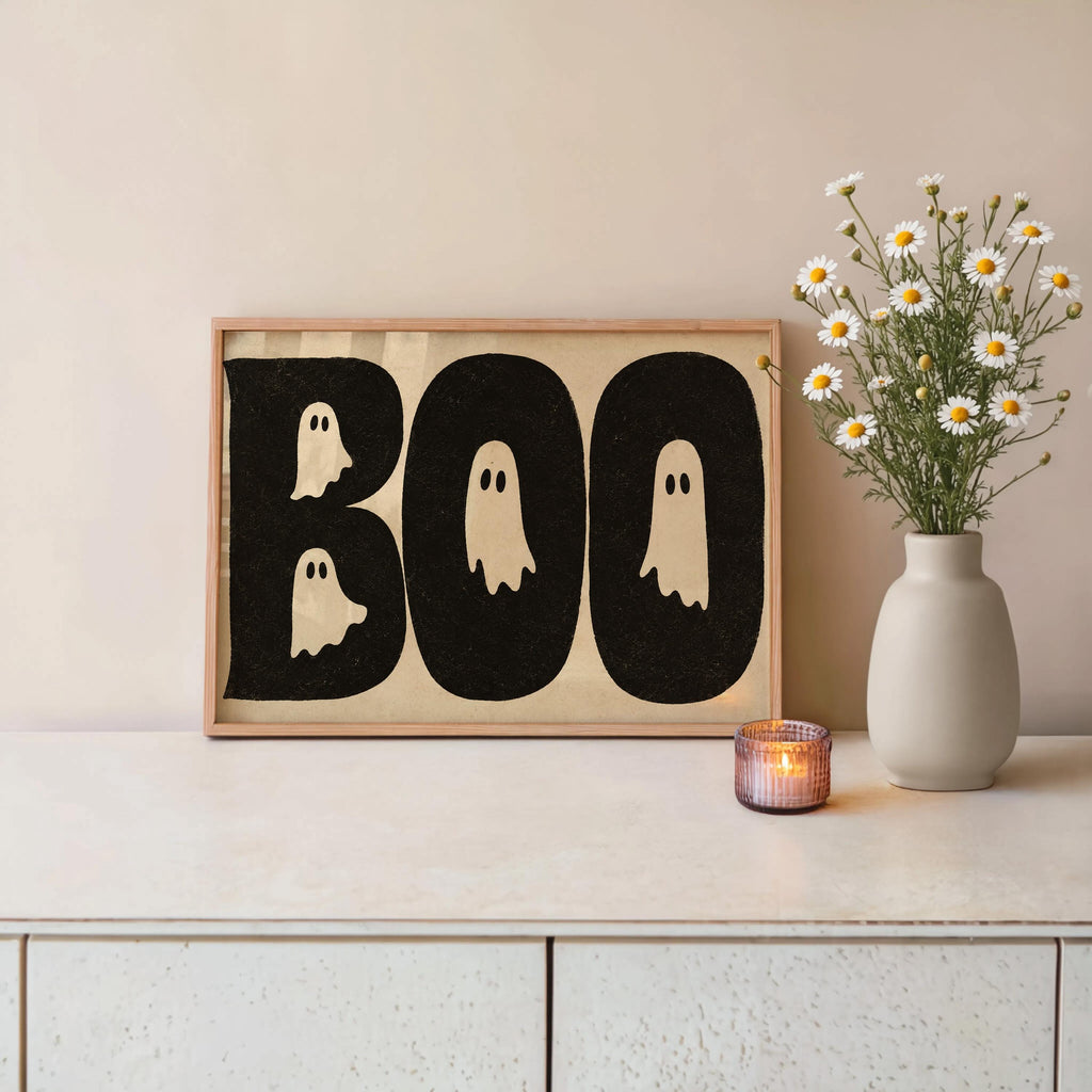 BOO Ghost Typography Print, Retro Halloween Wall Art, Vintage Creepy Cute Poster, Spooky Typography Decor, Witchy Occult Gift