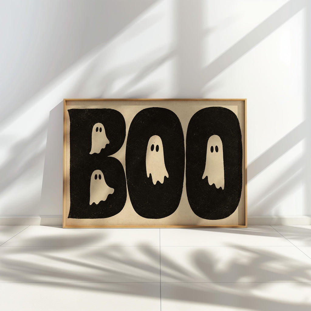 BOO Ghost Typography Print, Retro Halloween Wall Art, Vintage Creepy Cute Poster, Spooky Typography Decor, Witchy Occult Gift