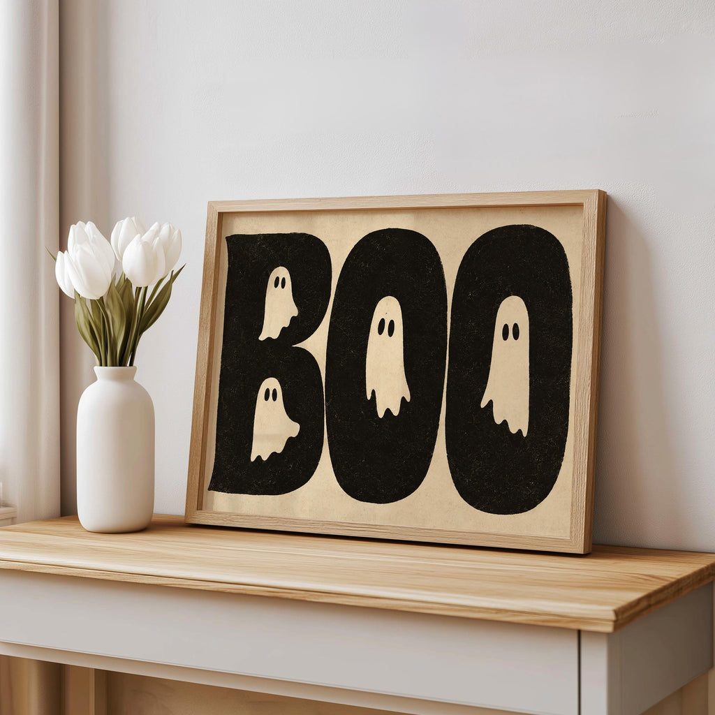 BOO Ghost Typography Print, Retro Halloween Wall Art, Vintage Creepy Cute Poster, Spooky Typography Decor, Witchy Occult Gift