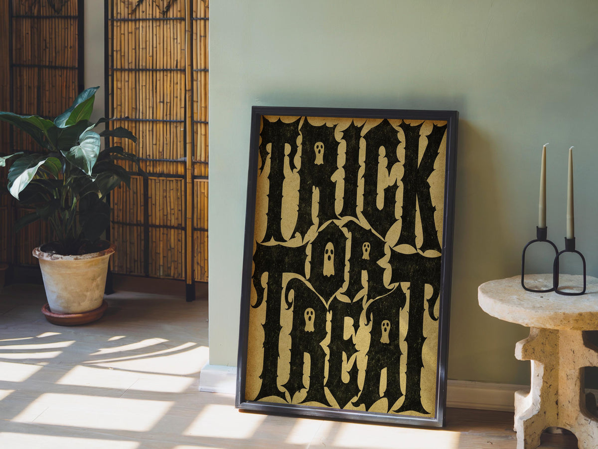Vintage Trick Or Treat Typography Wall Art, Haunted Halloween Print, Ghost Pattern Poster, Witchy Occult Spooky Season Gift, Scary Kids
