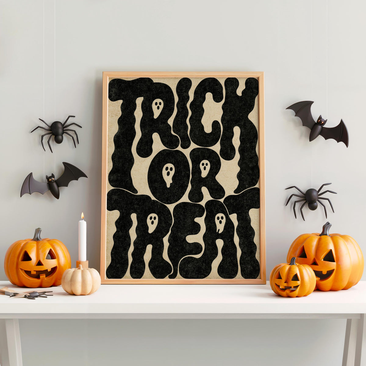 Retro Trick Or Treat Quote Poster, Vintage Halloween Wall Art, Spooky Quote Print, Witchy Ghost Decor, Fall Spooky Season Gift
