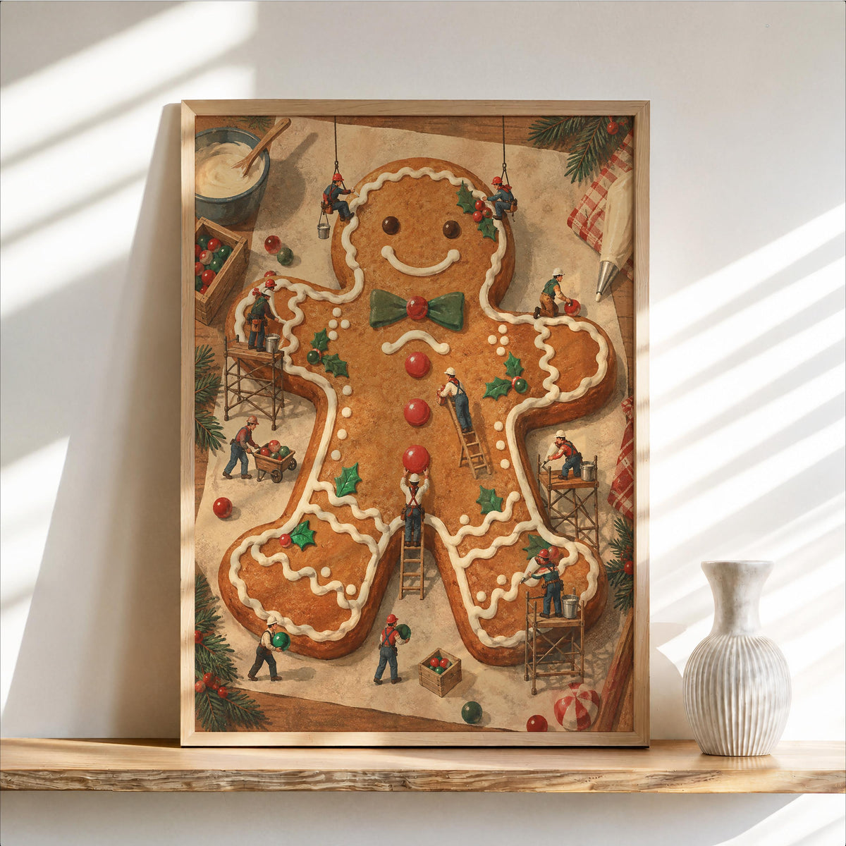 Tiny People Decorating Gingerbread Man Wall Art, Baker Foodie Gift, Whimsical Christmas Kitchen Poster, Xmas Holiday Decor