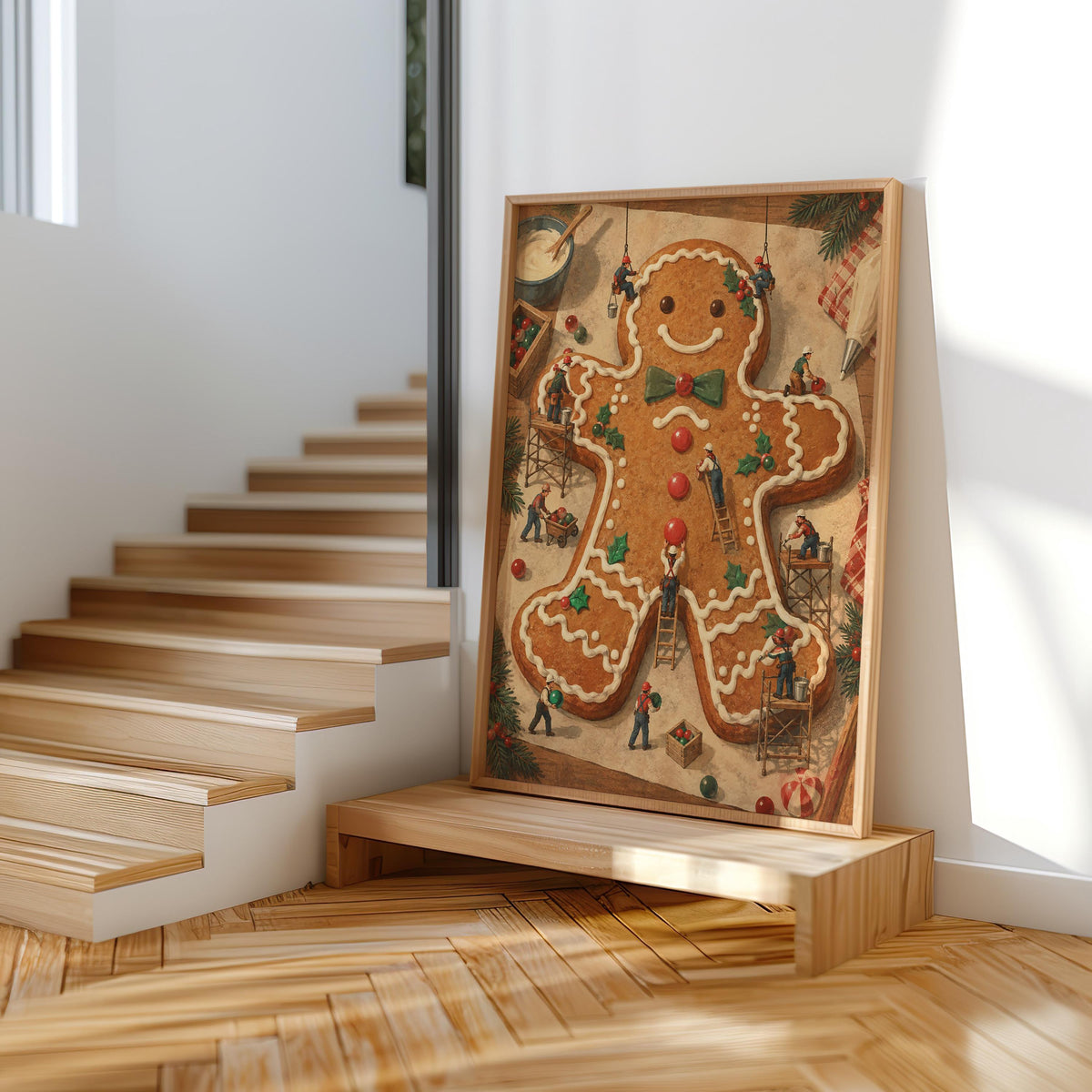 Tiny People Decorating Gingerbread Man Wall Art, Baker Foodie Gift, Whimsical Christmas Kitchen Poster, Xmas Holiday Decor