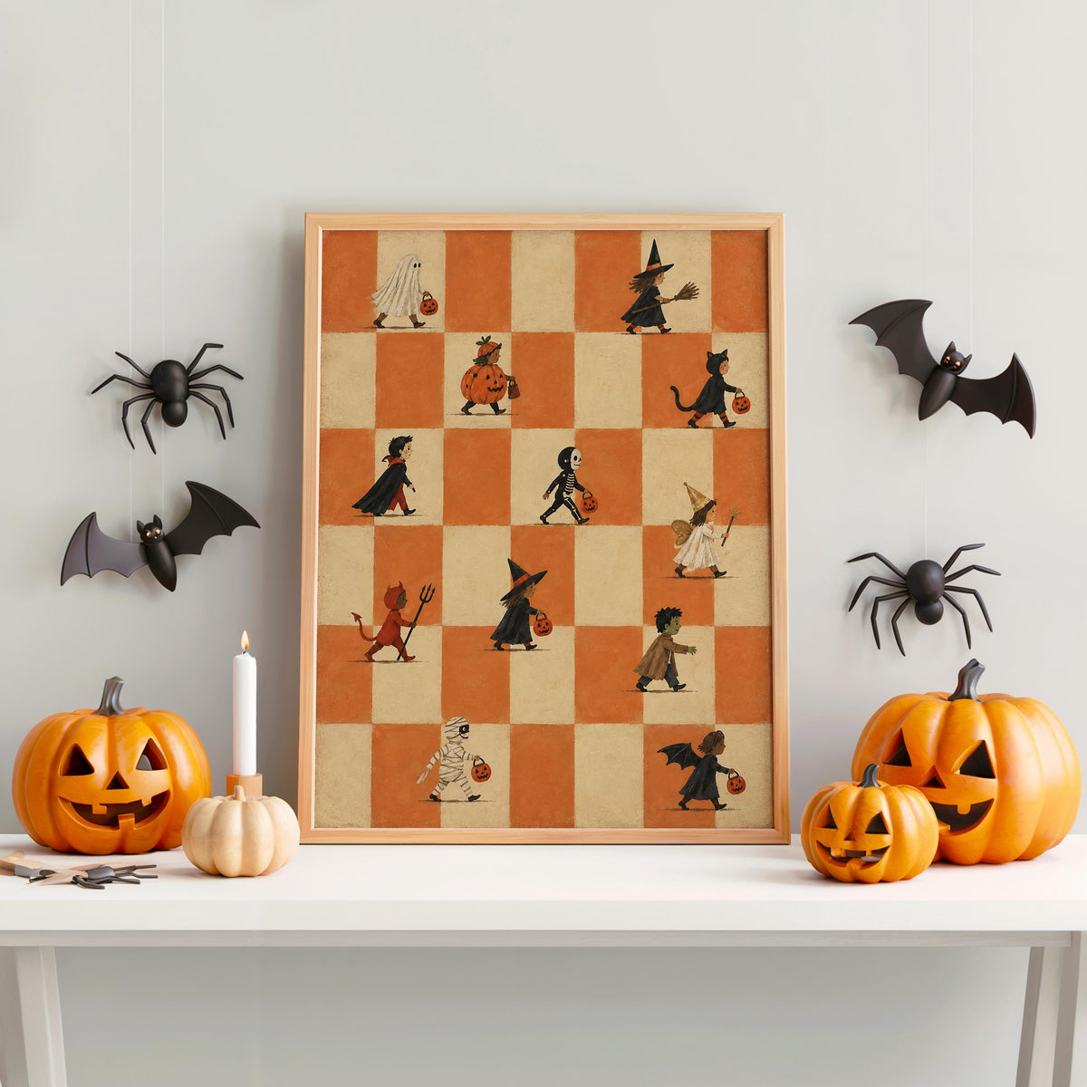Halloween Trick or Treat Parade Print, Kids Halloween Parade Wall Decor, Vintage Checkerboard Poster, Whimsical Costume Party Art