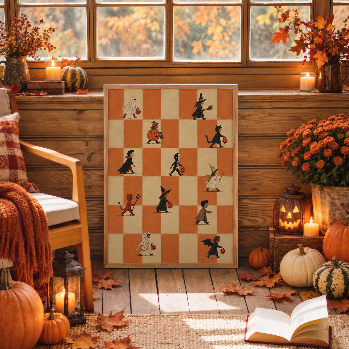 Halloween Trick or Treat Parade Print, Kids Halloween Parade Wall Decor, Vintage Checkerboard Poster, Whimsical Costume Party Art