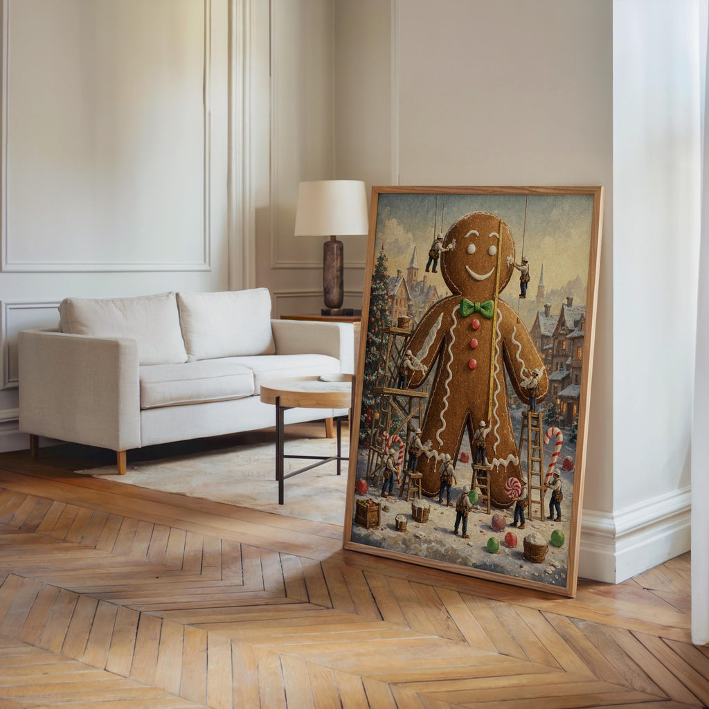 Tiny Workers Decorating Gingerbread Man Wall Art, Christmas Kitchen Decor, Festive Whimsical Foodie Print, Holiday Baking Illustration