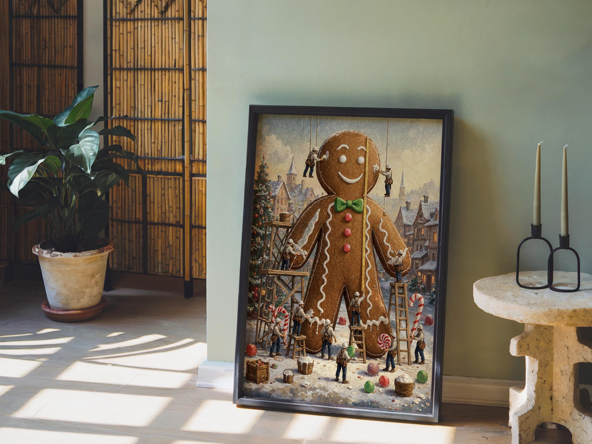 Tiny Workers Decorating Gingerbread Man Wall Art, Christmas Kitchen Decor, Festive Whimsical Foodie Print, Holiday Baking Illustration