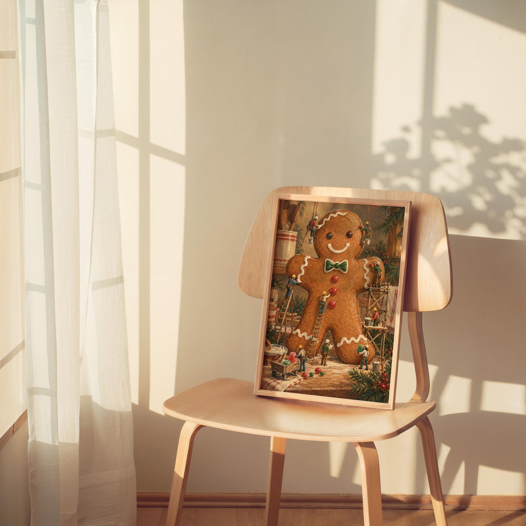 Gingerbread Man Christmas Print, Xmas Kitchen Wall Art, Tiny Miniature People Holiday Baking Poster, Winter Season Gift for Baker