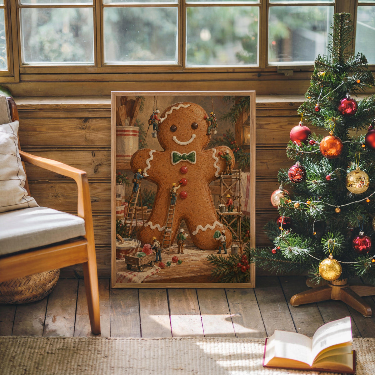Gingerbread Man Christmas Print, Xmas Kitchen Wall Art, Tiny Miniature People Holiday Baking Poster, Winter Season Gift for Baker