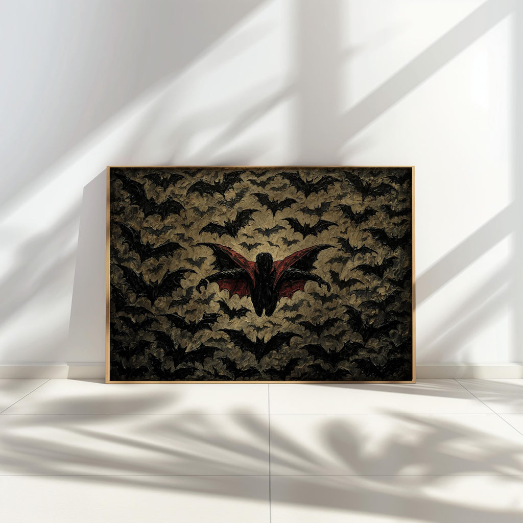 Gothic Vampire Halloween Print, Halloween Bat Poster, Impasto Textured Wall Decor, Dark Fantasy Dracula Art, Spooky Season Decoration