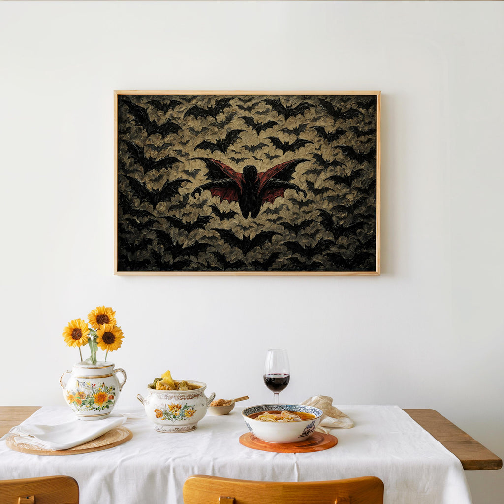 Gothic Vampire Halloween Print, Halloween Bat Poster, Impasto Textured Wall Decor, Dark Fantasy Dracula Art, Spooky Season Decoration