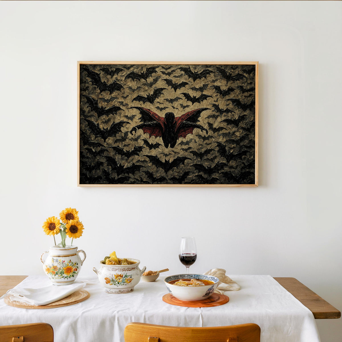Gothic Vampire Halloween Print, Halloween Bat Poster, Impasto Textured Wall Decor, Dark Fantasy Dracula Art, Spooky Season Decoration