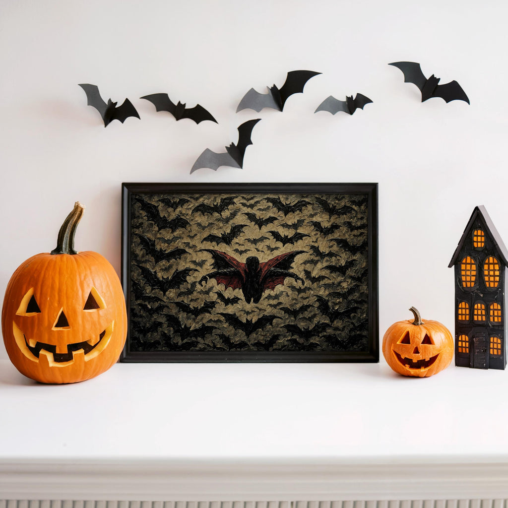 Gothic Vampire Halloween Print, Halloween Bat Poster, Impasto Textured Wall Decor, Dark Fantasy Dracula Art, Spooky Season Decoration