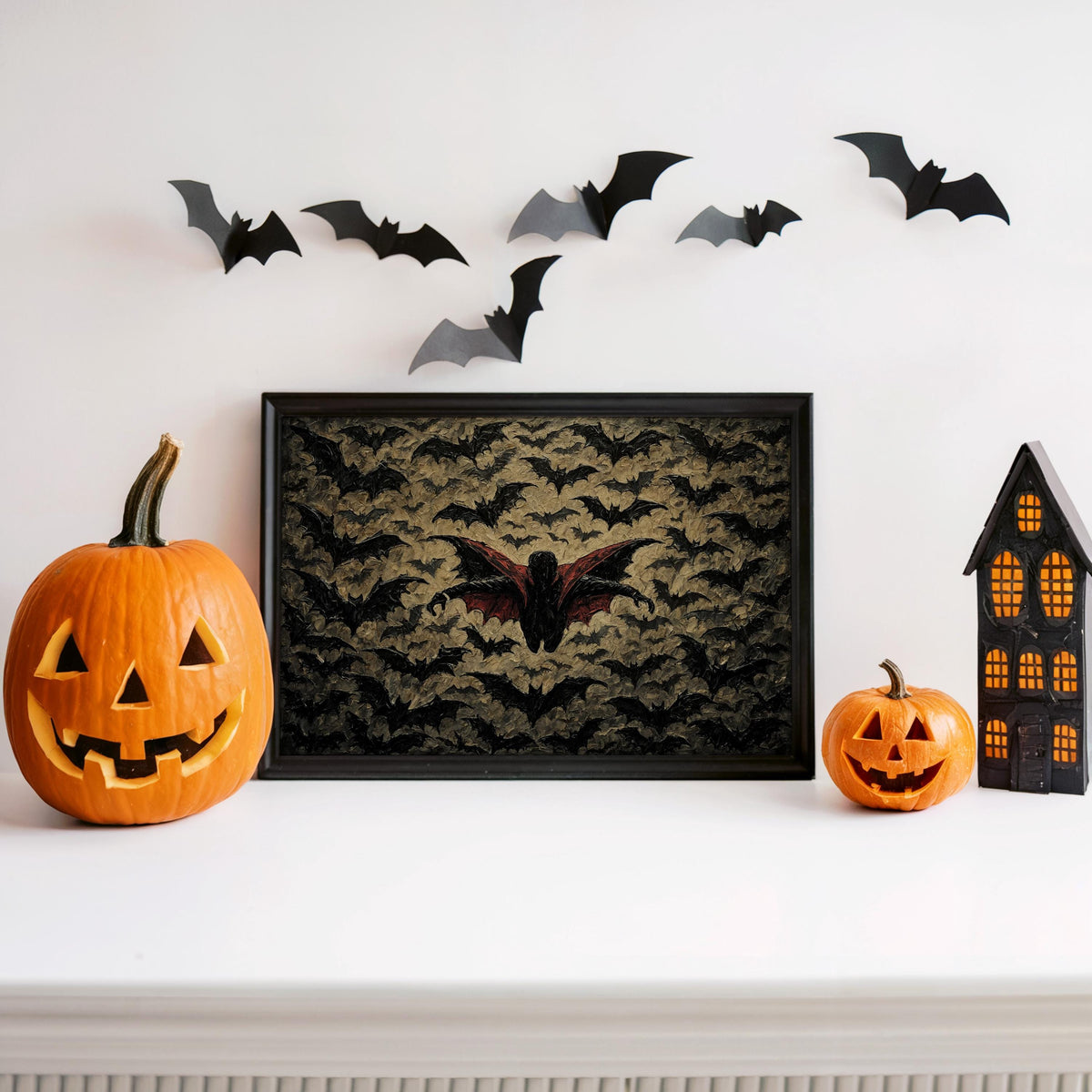Gothic Vampire Halloween Print, Halloween Bat Poster, Impasto Textured Wall Decor, Dark Fantasy Dracula Art, Spooky Season Decoration
