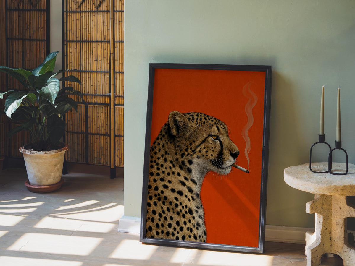 Cheetah Smoking Cigarette Print, Moody Leopard Poster, Vintage Big Cat Wall Art, Red Maximalist Decor, Cool Animal Bar Cart Gift