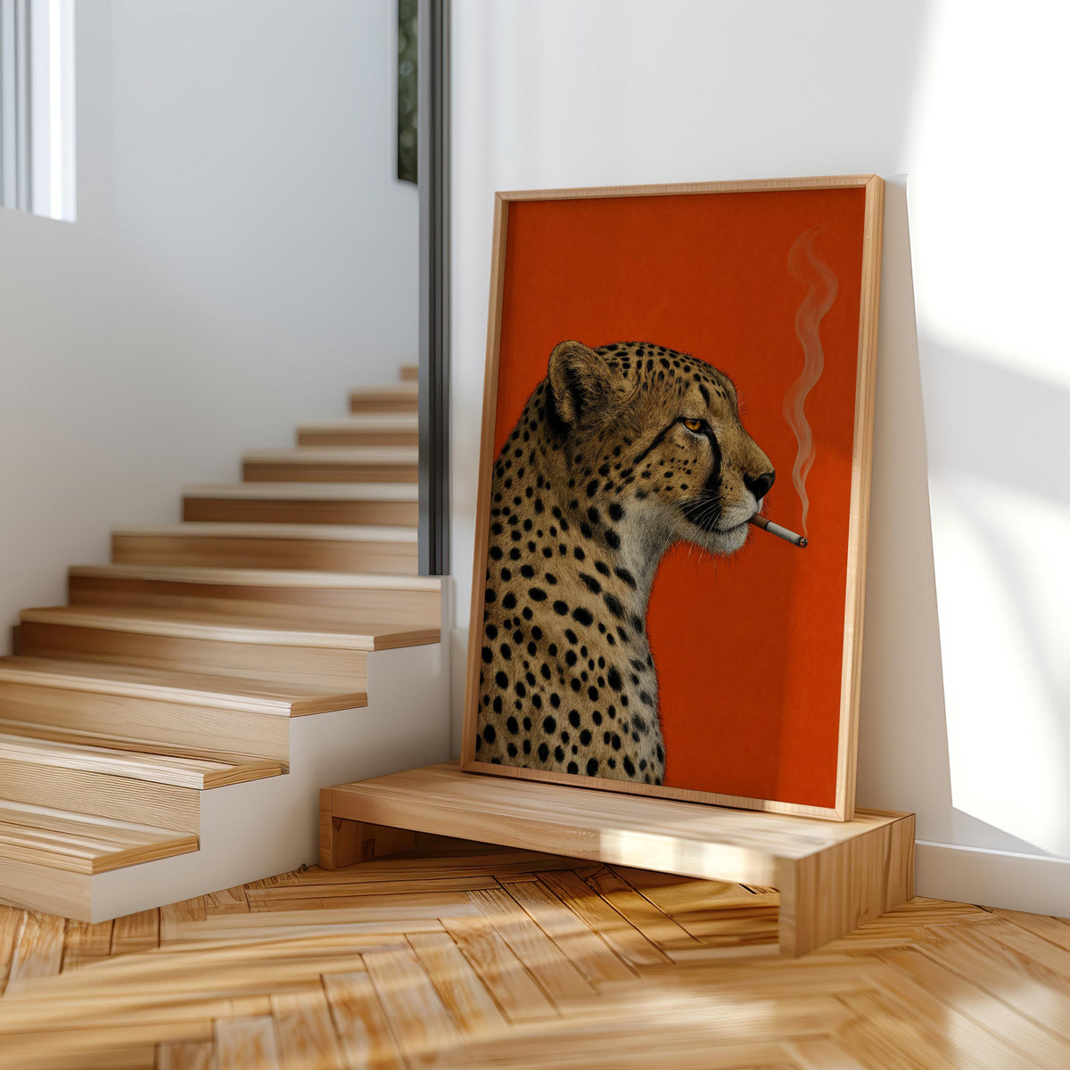 Cheetah Smoking Cigarette Print, Moody Leopard Poster, Vintage Big Cat Wall Art, Red Maximalist Decor, Cool Animal Bar Cart Gift
