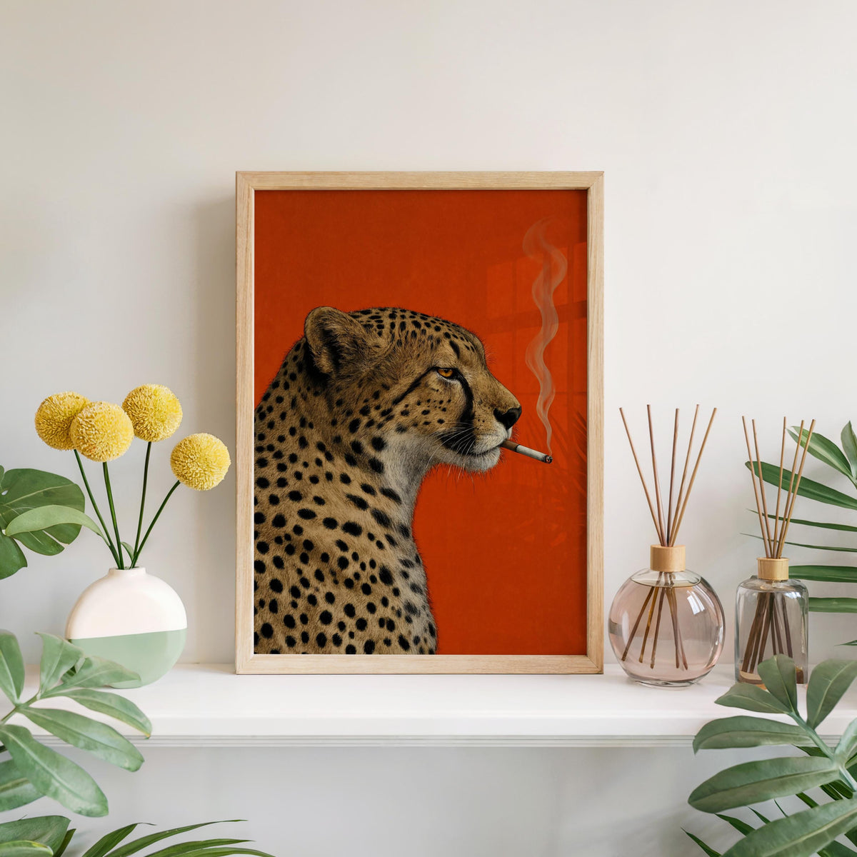 Cheetah Smoking Cigarette Print, Moody Leopard Poster, Vintage Big Cat Wall Art, Red Maximalist Decor, Cool Animal Bar Cart Gift