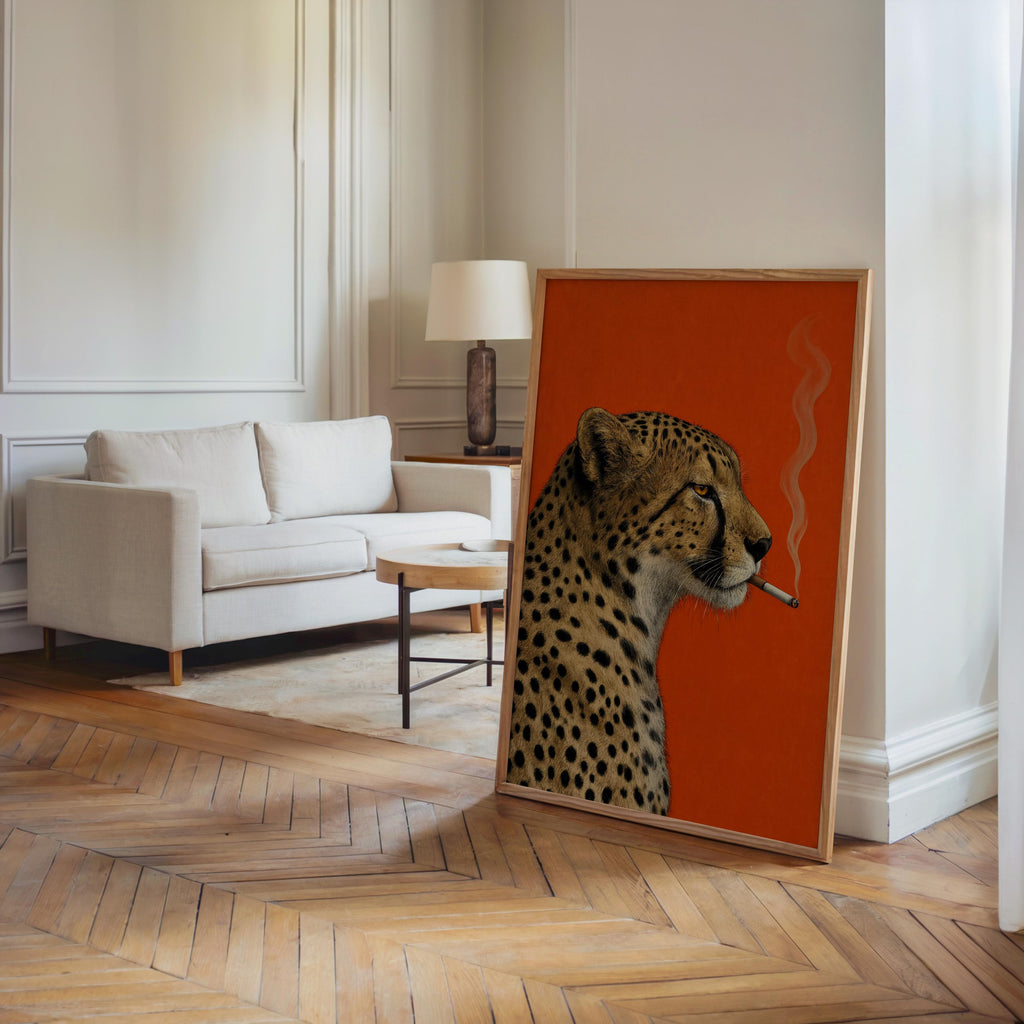 Cheetah Smoking Cigarette Print, Moody Leopard Poster, Vintage Big Cat Wall Art, Red Maximalist Decor, Cool Animal Bar Cart Gift