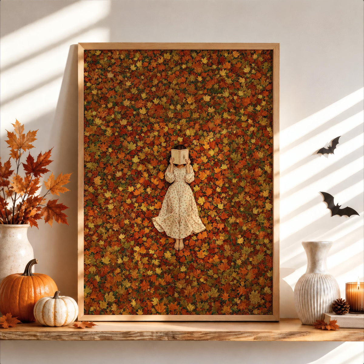 Autumn Woman Reading Print, Vintage Girl in Fall Leaves Wall Art, Cozy Cottage Decor, Romantic Bookish Literary Gift, Book Lover Poster