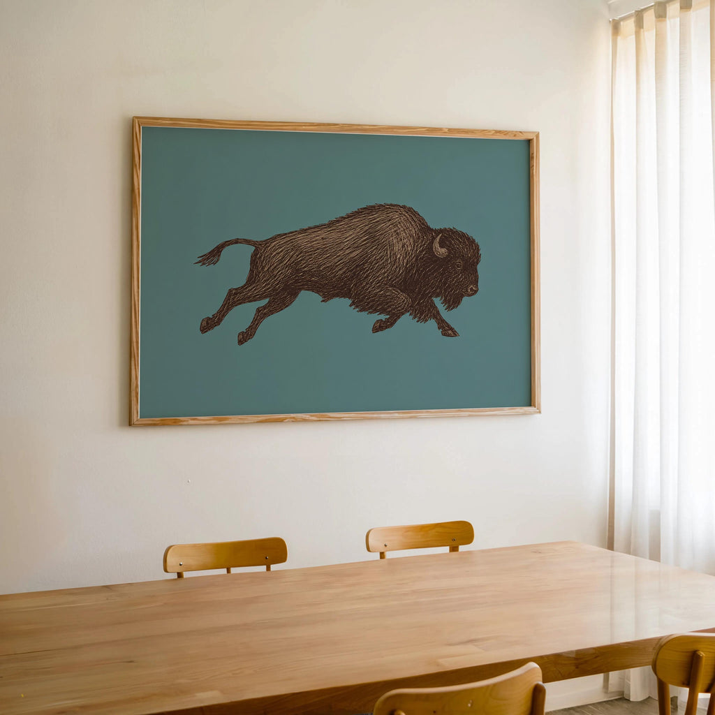 Bison Sketch Wall Art, Western Cowboy Print, Running Buffalo Illustration, Rustic Cabin Wildlife Decor, Americana Wildlife Poster