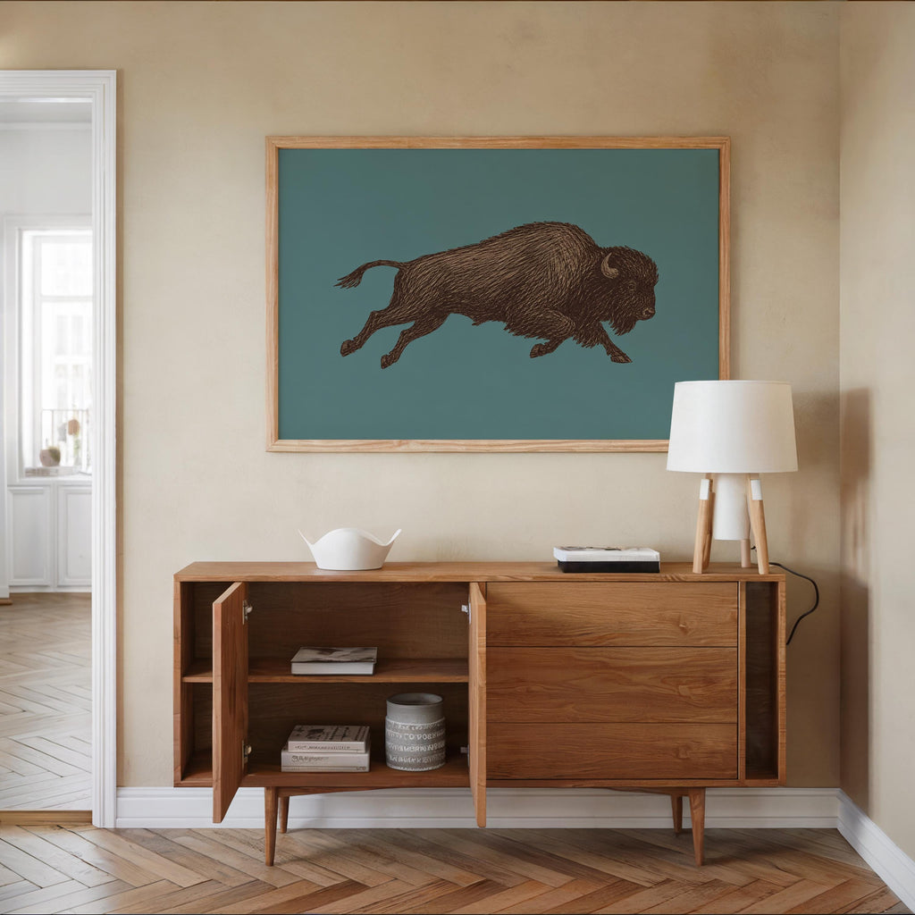 Bison Sketch Wall Art, Western Cowboy Print, Running Buffalo Illustration, Rustic Cabin Wildlife Decor, Americana Wildlife Poster