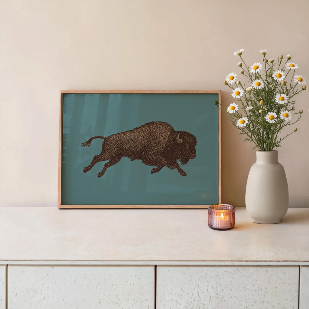 Bison Sketch Wall Art, Western Cowboy Print, Running Buffalo Illustration, Rustic Cabin Wildlife Decor, Americana Wildlife Poster