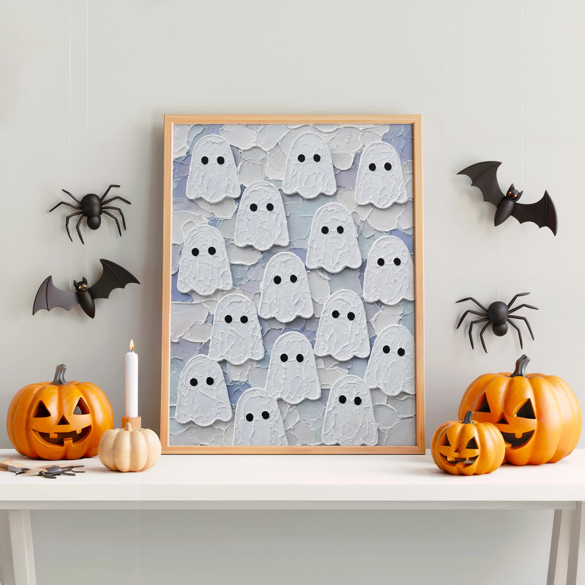 Ghost Congregation Wall Art, Pastel Folk Impasto Painting, Cute Goth Halloween Decor, Textured Spooky Season Print, Fall Autumn Poster