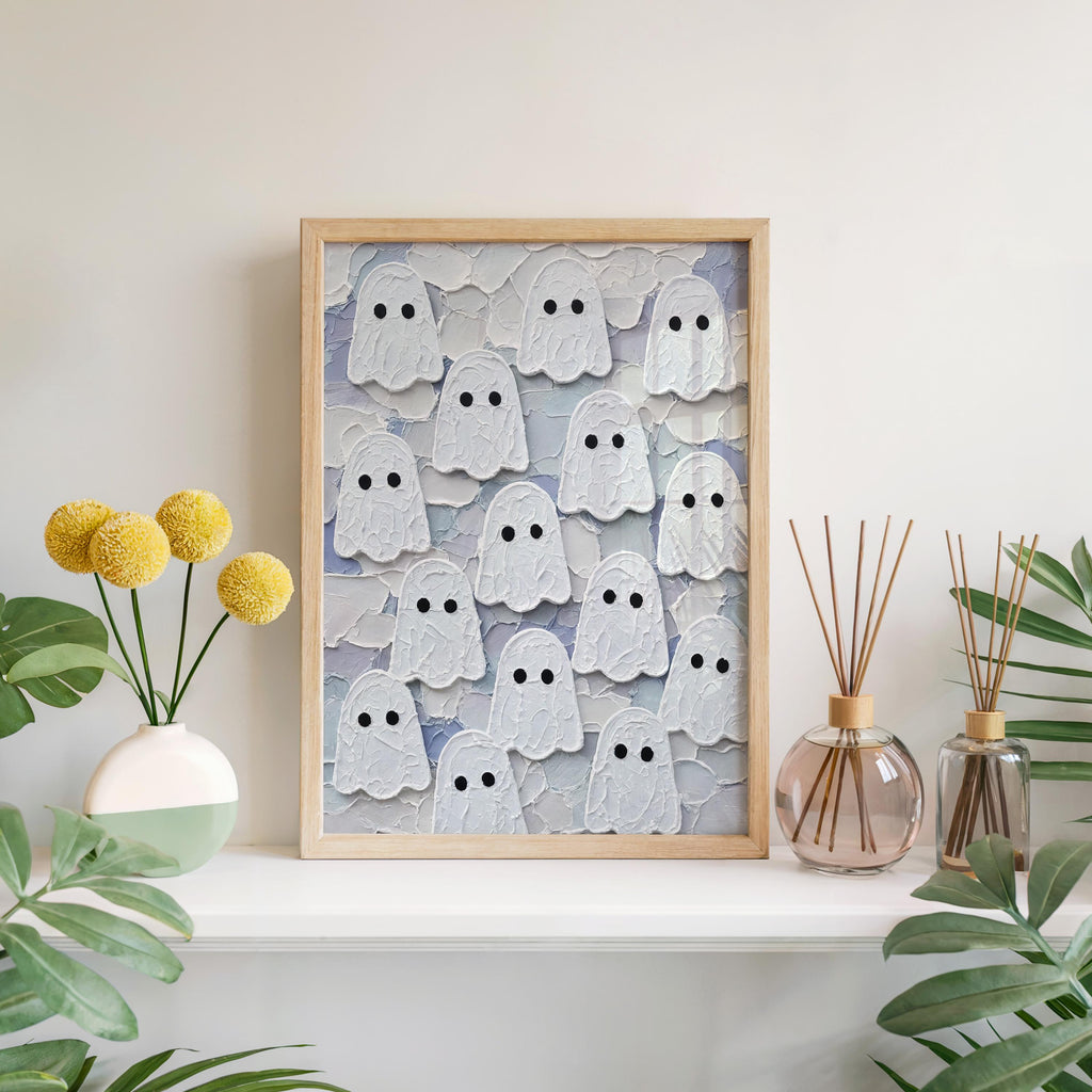 Ghost Congregation Wall Art, Pastel Folk Impasto Painting, Cute Goth Halloween Decor, Textured Spooky Season Print, Fall Autumn Poster