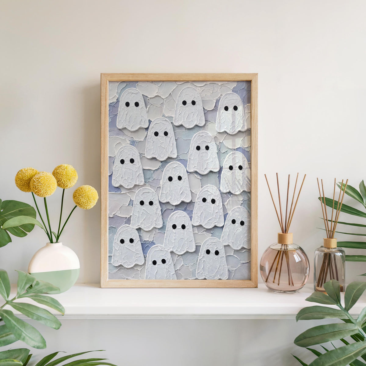 Ghost Congregation Wall Art, Pastel Folk Impasto Painting, Cute Goth Halloween Decor, Textured Spooky Season Print, Fall Autumn Poster