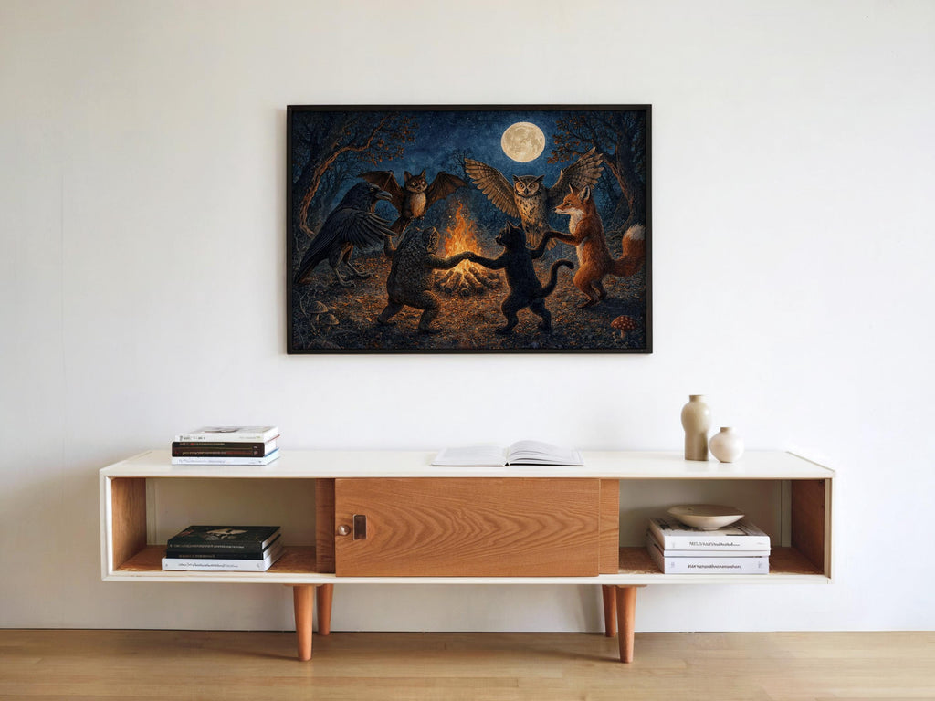 Woodland Animals Dancing Around Bonfire Wall Art, Witchy Forest Print, Folklore Moon Poster, Dark Cottagecore Decor, Enchanted Fantasy Art