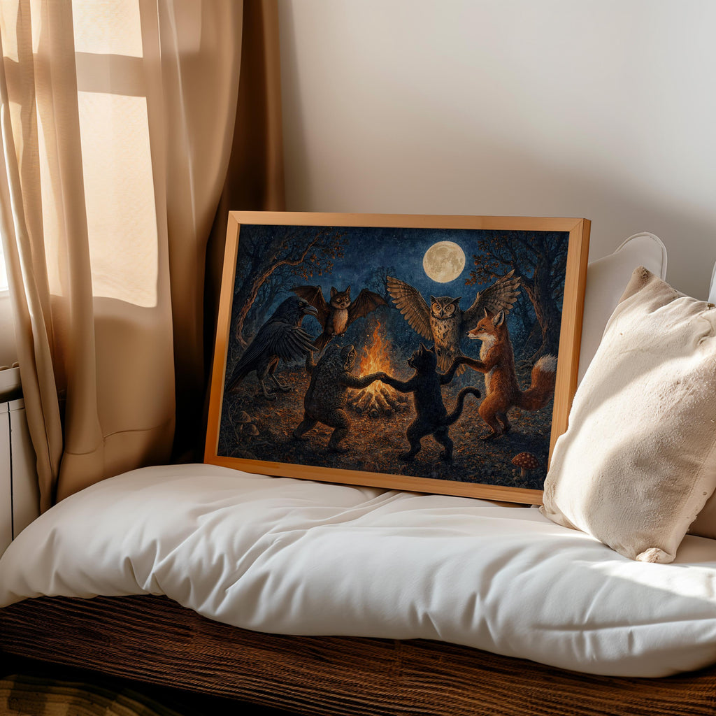 Woodland Animals Dancing Around Bonfire Wall Art, Witchy Forest Print, Folklore Moon Poster, Dark Cottagecore Decor, Enchanted Fantasy Art