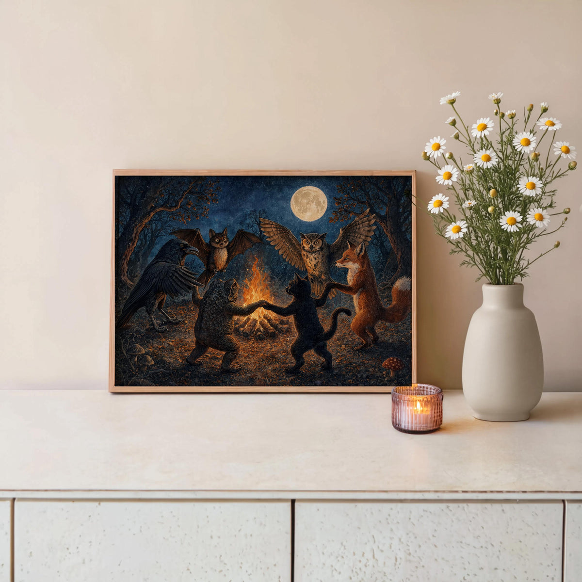 Woodland Animals Dancing Around Bonfire Wall Art, Witchy Forest Print, Folklore Moon Poster, Dark Cottagecore Decor, Enchanted Fantasy Art