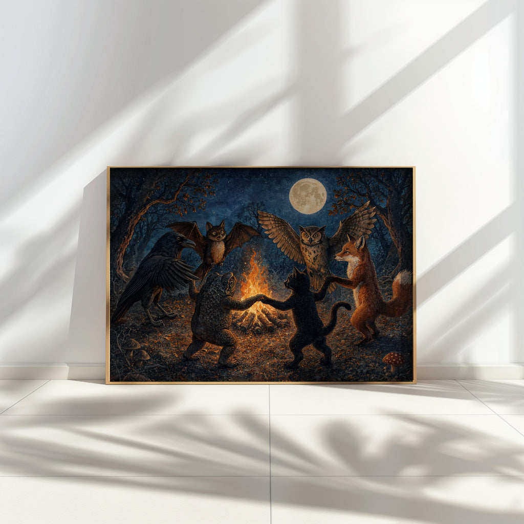 Woodland Animals Dancing Around Bonfire Wall Art, Witchy Forest Print, Folklore Moon Poster, Dark Cottagecore Decor, Enchanted Fantasy Art
