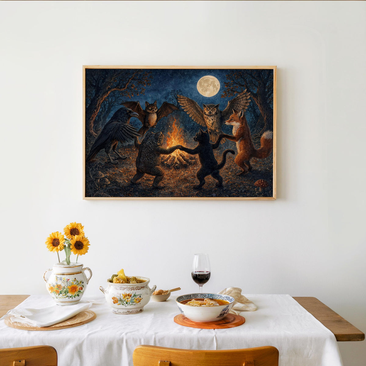 Woodland Animals Dancing Around Bonfire Wall Art, Witchy Forest Print, Folklore Moon Poster, Dark Cottagecore Decor, Enchanted Fantasy Art