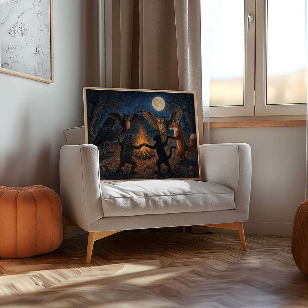Woodland Animals Dancing Around Bonfire Wall Art, Witchy Forest Print, Folklore Moon Poster, Dark Cottagecore Decor, Enchanted Fantasy Art