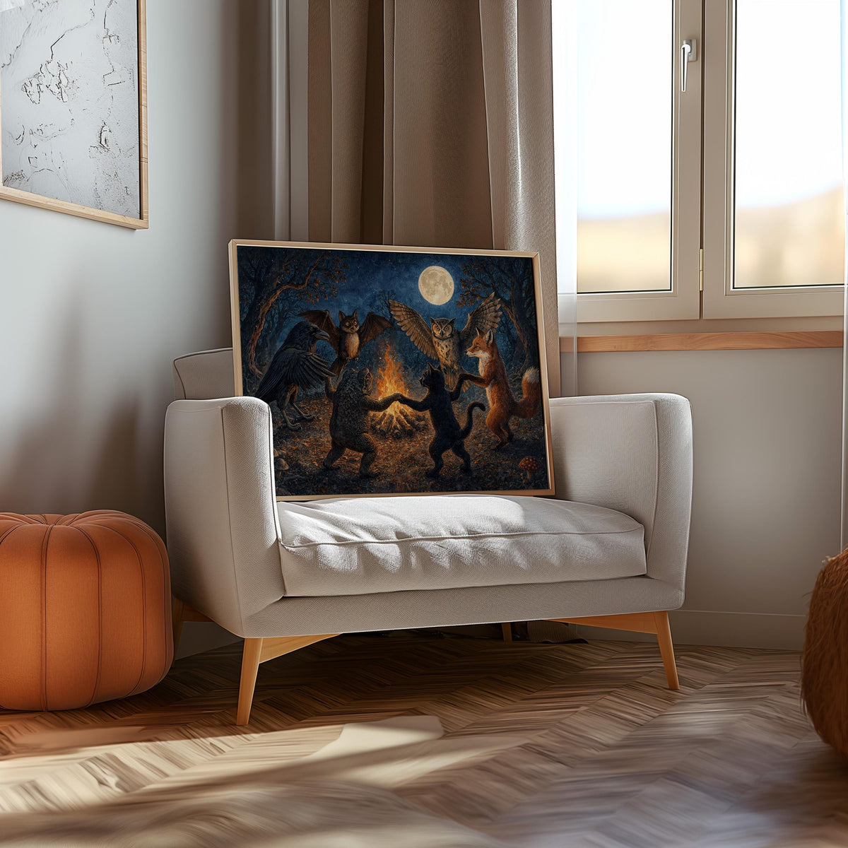 Woodland Animals Dancing Around Bonfire Wall Art, Witchy Forest Print, Folklore Moon Poster, Dark Cottagecore Decor, Enchanted Fantasy Art