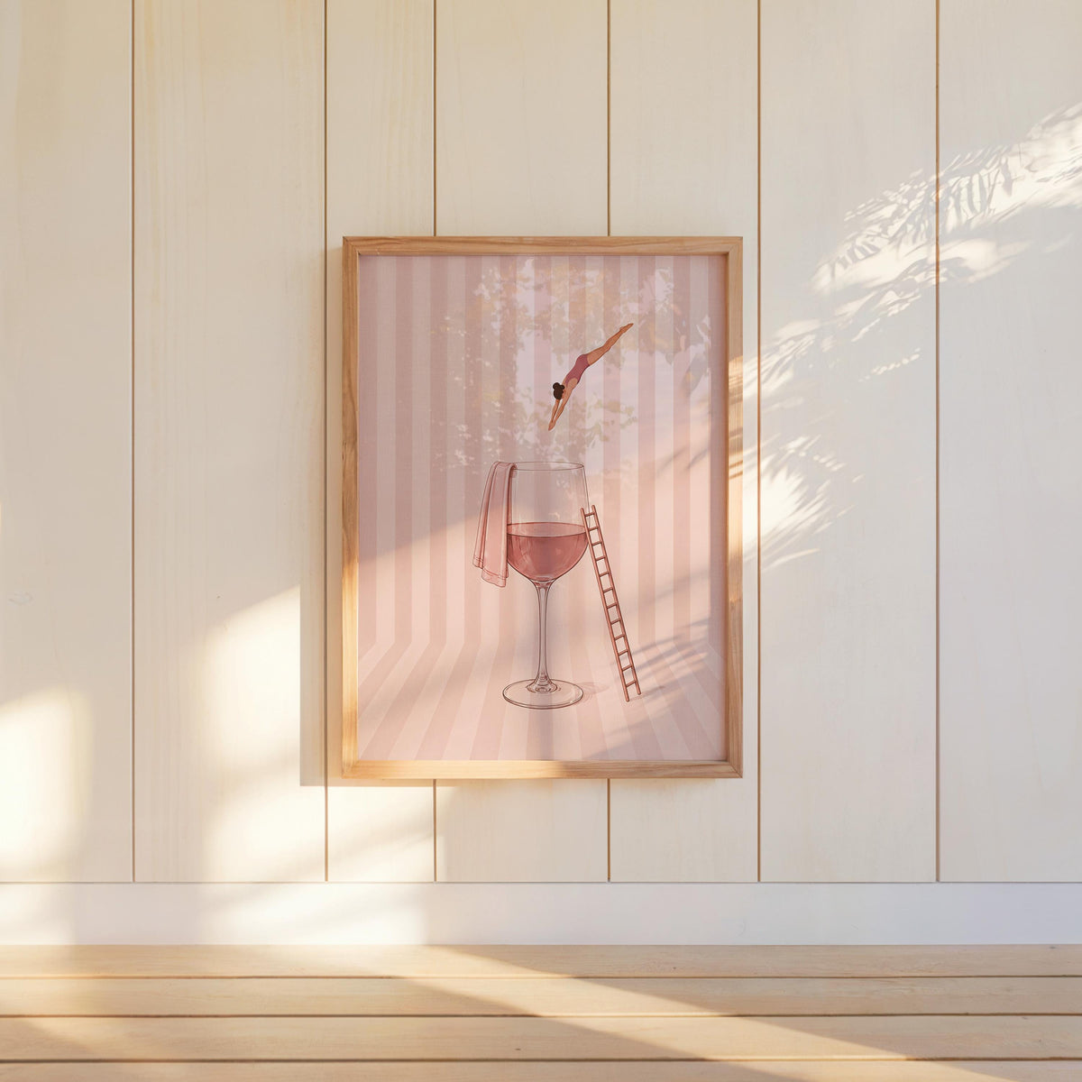 Minimal Wine Diver Art, Retro Glass of Rosé Print, White Wine Striped Poster, Stylish Bar Decor, Pink Kitchen Gift