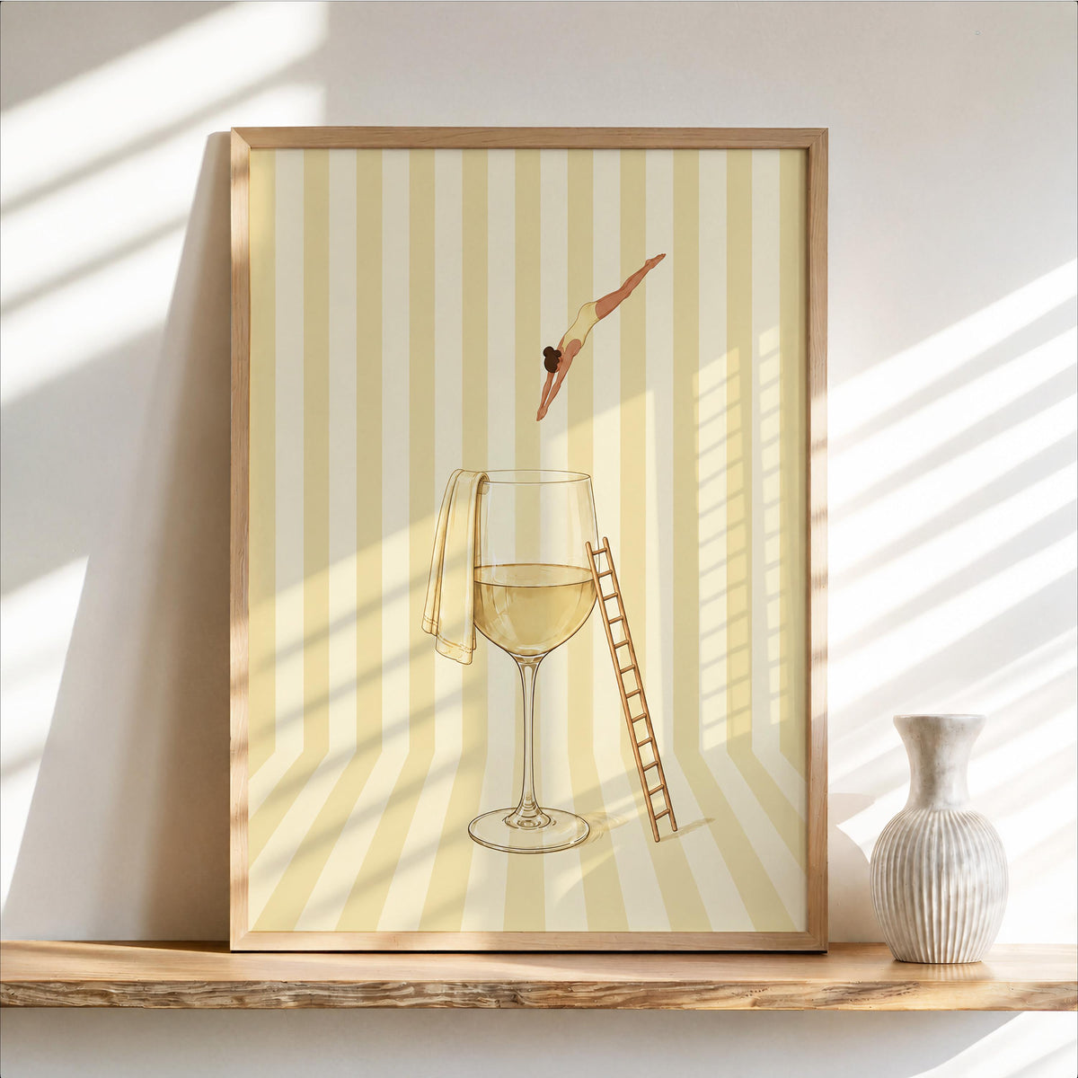 Minimal Wine Diver Art, Retro Glass of Rosé Print, White Wine Striped Poster, Stylish Bar Decor, Pink Kitchen Gift