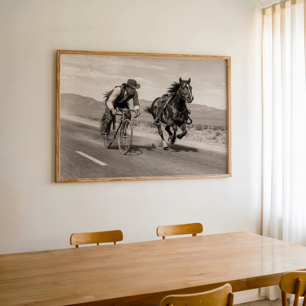 Cowboy VS Horse Bicycle Race Print, Surreal Western Wall Art, Vintage Desert Photo, Funny Equestrian & Cyclist Decor, Quirky Ranch Gift