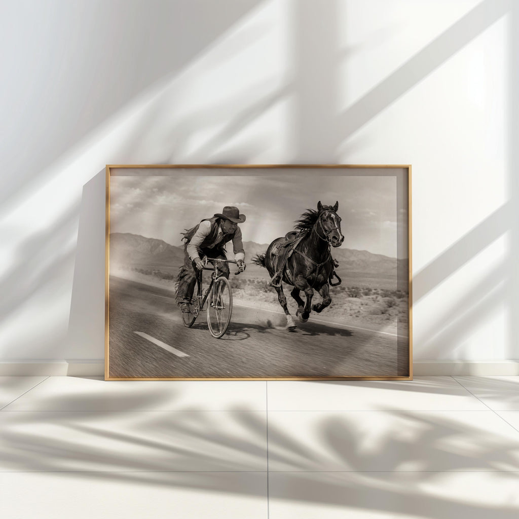 Cowboy VS Horse Bicycle Race Print, Surreal Western Wall Art, Vintage Desert Photo, Funny Equestrian & Cyclist Decor, Quirky Ranch Gift