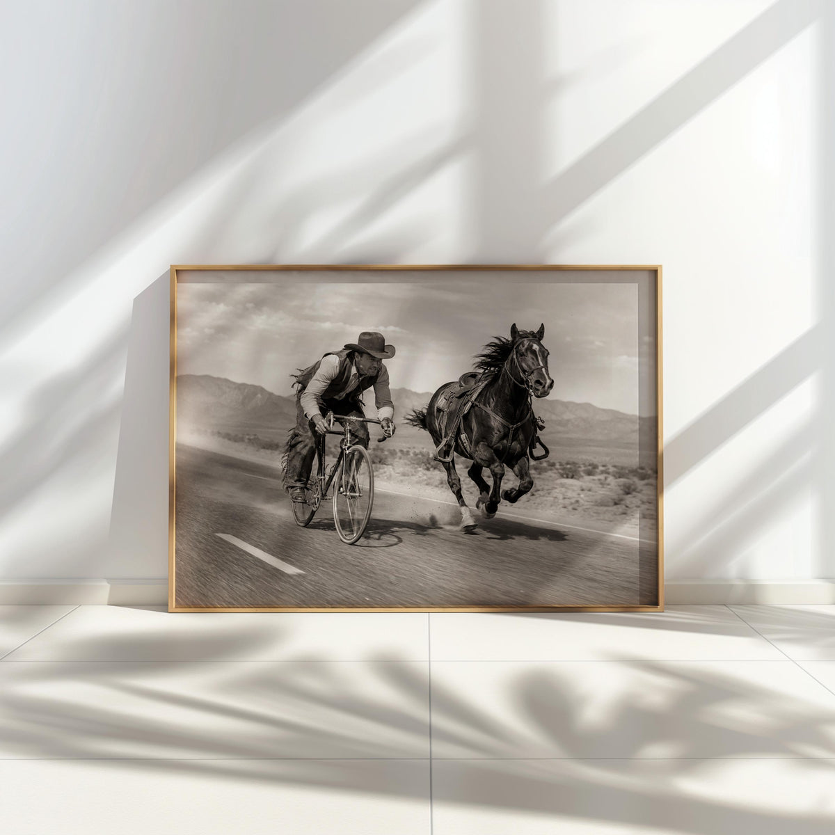 Cowboy VS Horse Bicycle Race Print, Surreal Western Wall Art, Vintage Desert Photo, Funny Equestrian & Cyclist Decor, Quirky Ranch Gift
