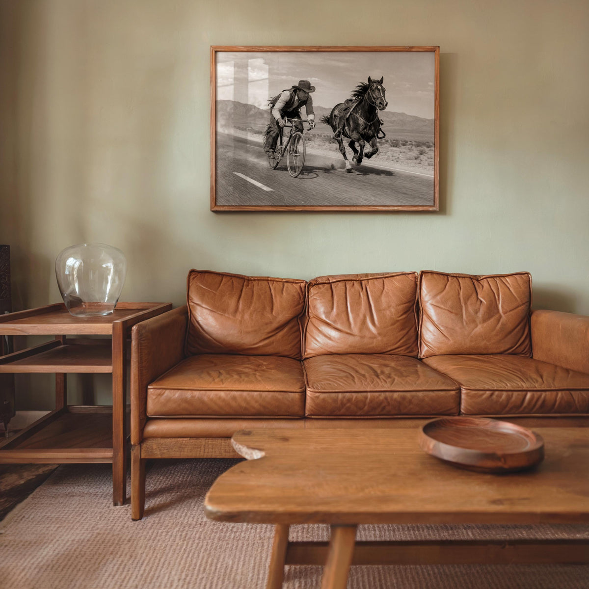 Cowboy VS Horse Bicycle Race Print, Surreal Western Wall Art, Vintage Desert Photo, Funny Equestrian & Cyclist Decor, Quirky Ranch Gift