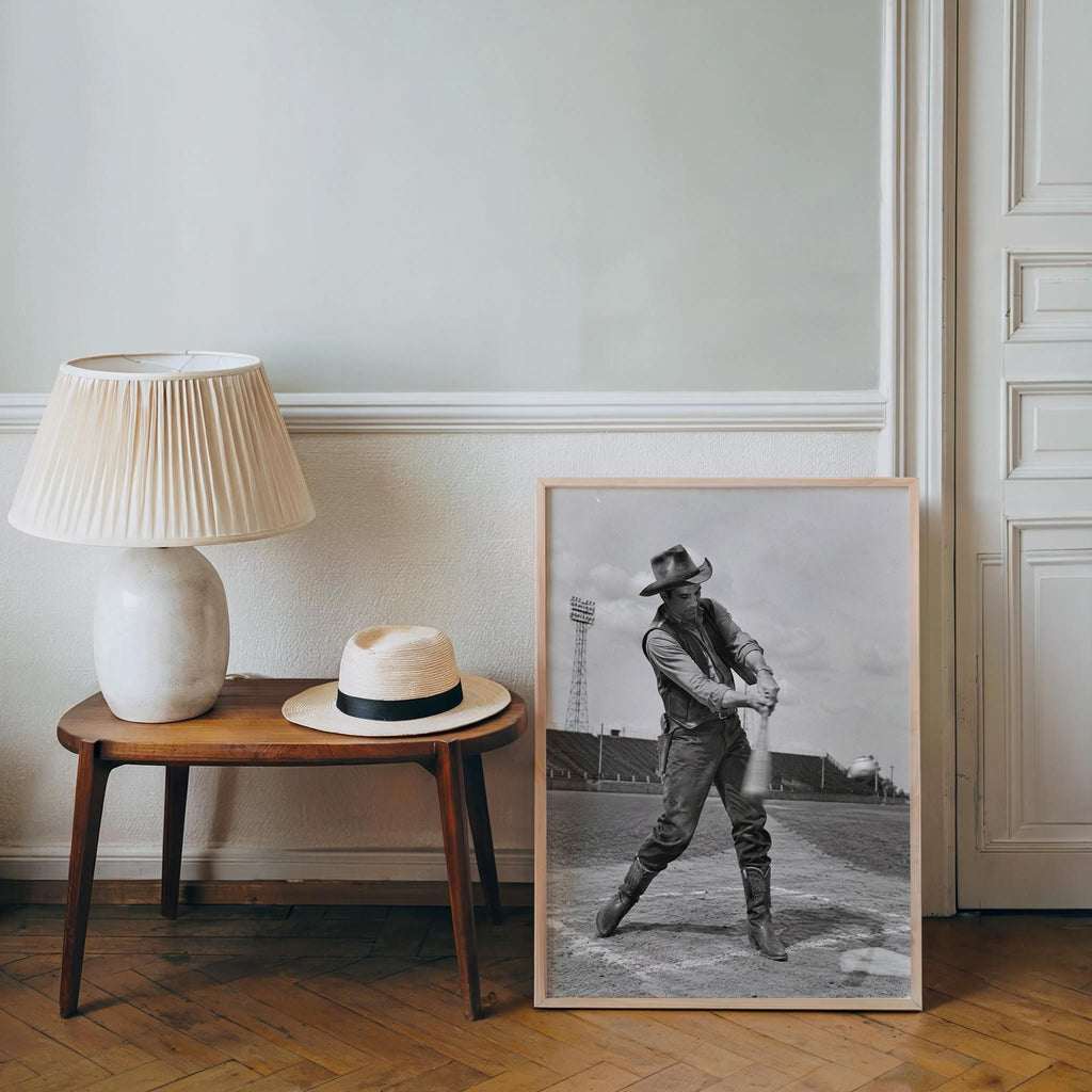 Cowboy Baseball Print, Funny Vintage Sports Photography, Western Wall Art, Whimsical Ranch Gift, Surreal Americana Poster
