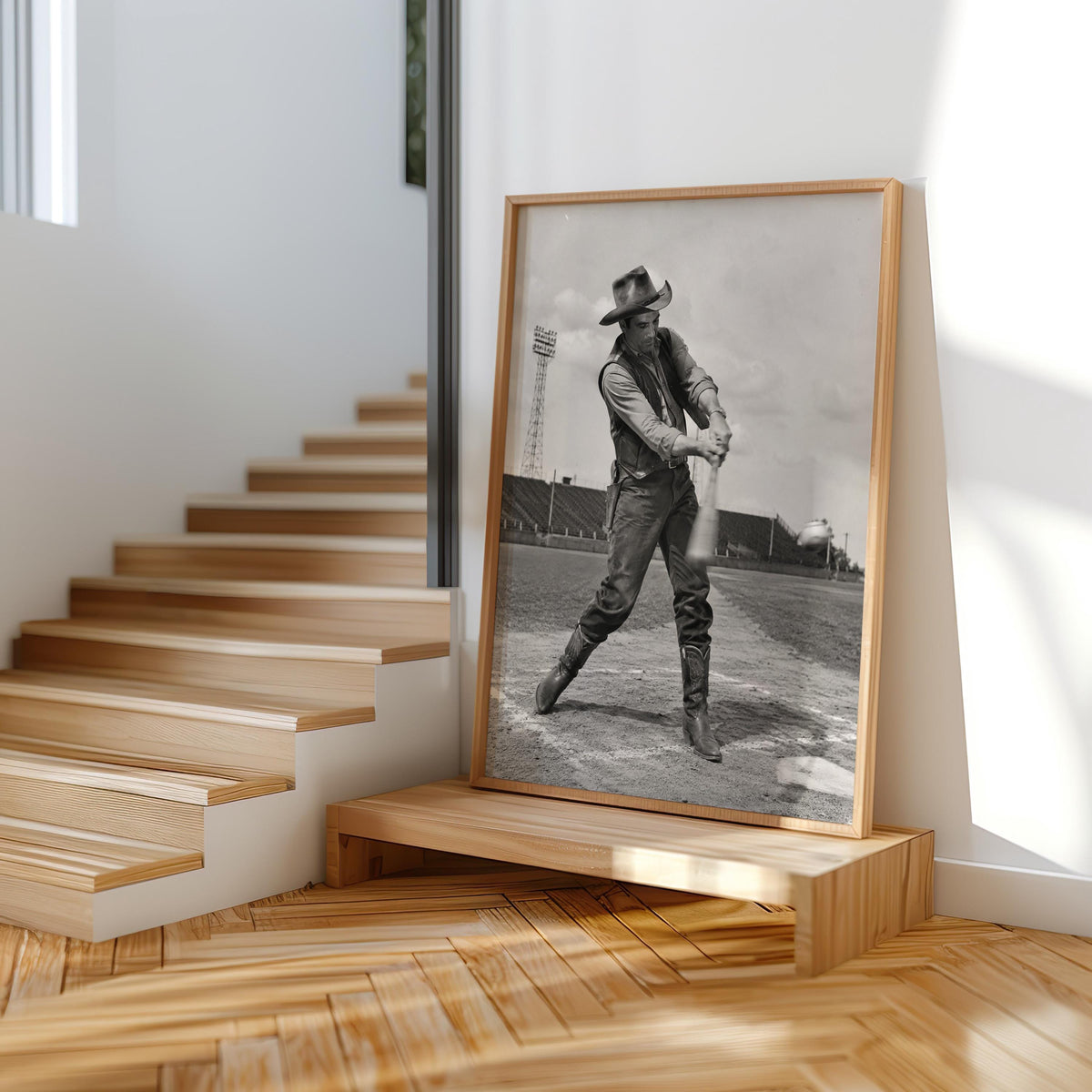 Cowboy Baseball Print, Funny Vintage Sports Photography, Western Wall Art, Whimsical Ranch Gift, Surreal Americana Poster