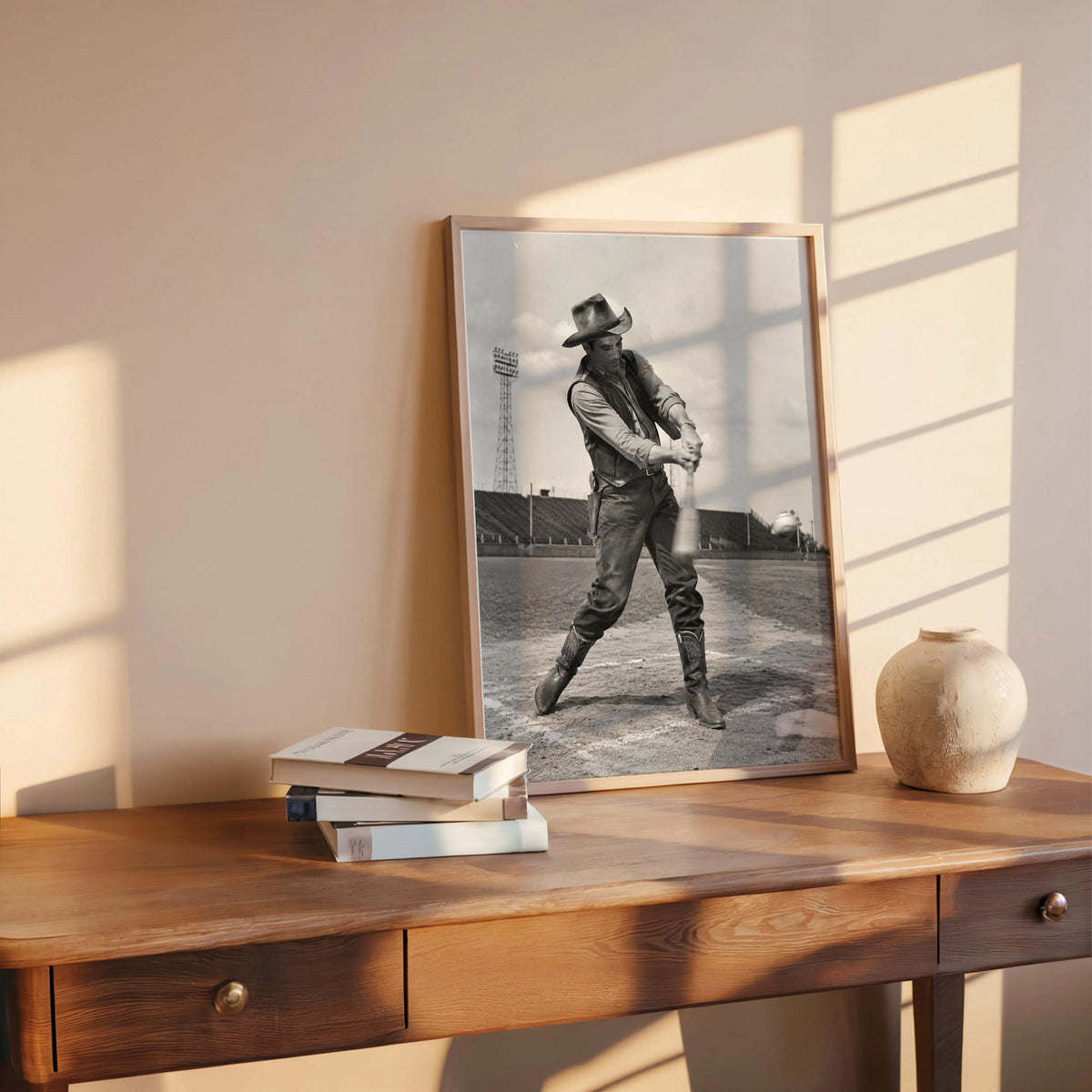 Cowboy Baseball Print, Funny Vintage Sports Photography, Western Wall Art, Whimsical Ranch Gift, Surreal Americana Poster