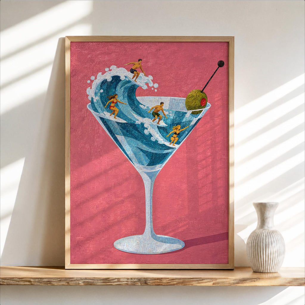 Tiny Surfers on Martini Wave Print, Miniature People in a Cocktail Glass, Coastal Bar Decor, Summer Gift for Surfers, Playful Beach Poster