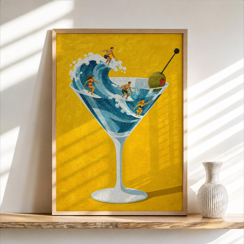 Tiny Surfers on Martini Wave Print, Miniature People in a Cocktail Glass, Coastal Bar Decor, Summer Gift for Surfers, Playful Beach Poster