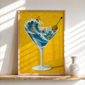 Tiny Surfers on Martini Wave Print, Miniature People in a Cocktail Glass, Coastal Bar Decor, Summer Gift for Surfers, Playful Beach Poster