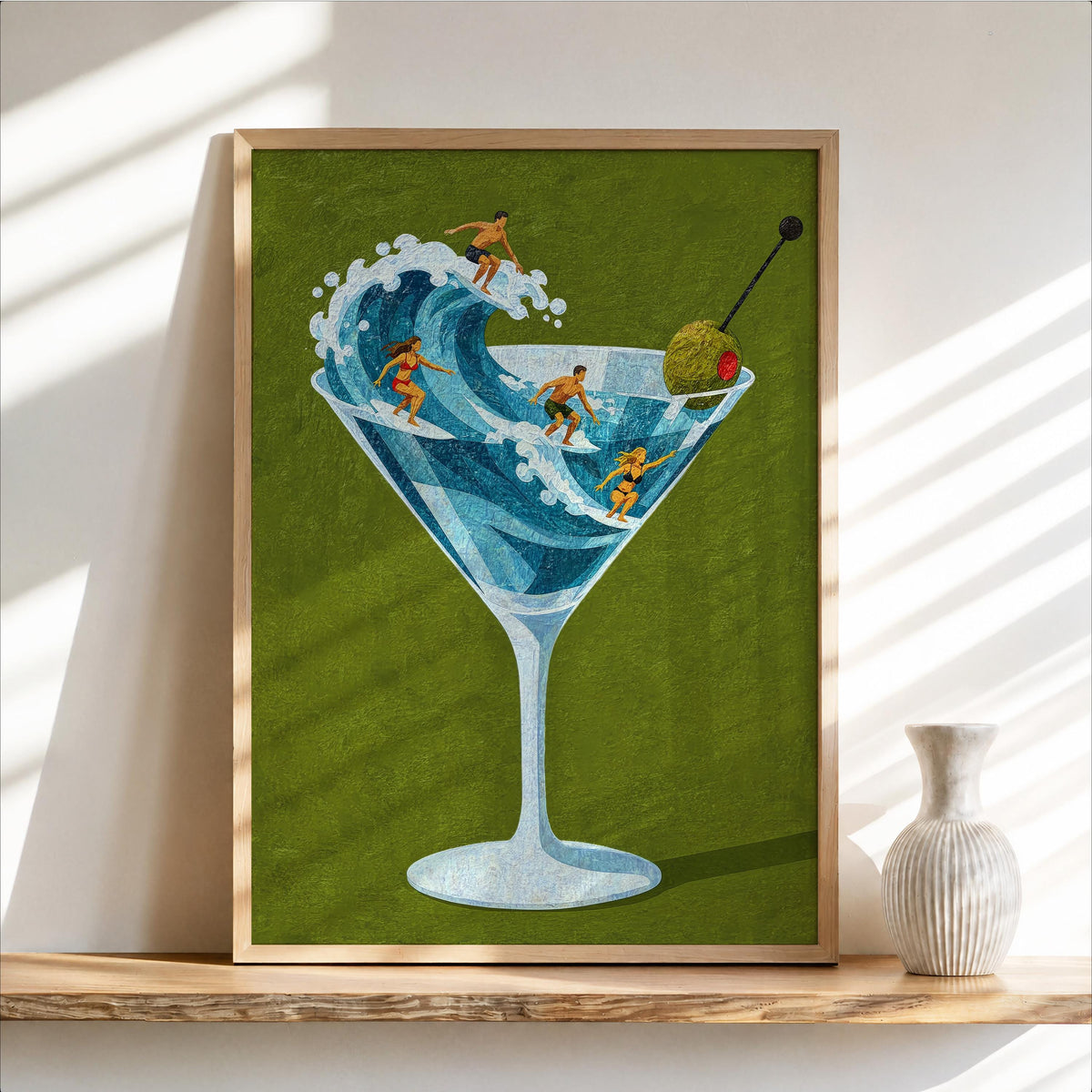 Tiny Surfers on Martini Wave Print, Miniature People in a Cocktail Glass, Coastal Bar Decor, Summer Gift for Surfers, Playful Beach Poster